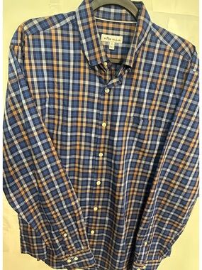 Peter Millar Blue and Tan Plaid Long-Sleeve Button-Down Shirt size large